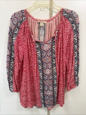 Lucky Brand Peasant Blouse 3/4 sleeve  Red Navy Bandanna Pattern Boho Western L
